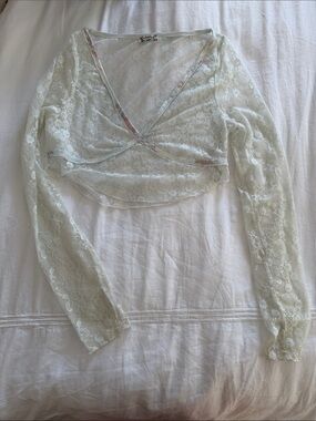 Free People Sheer Lace Crop Top - Mint Green Floral Trim